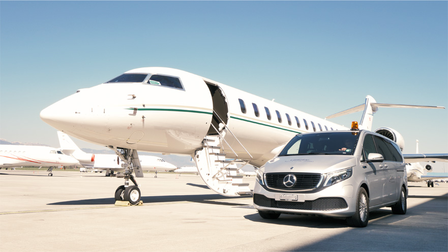 Business jet and Mercedes van on the Geneva Airpark apron